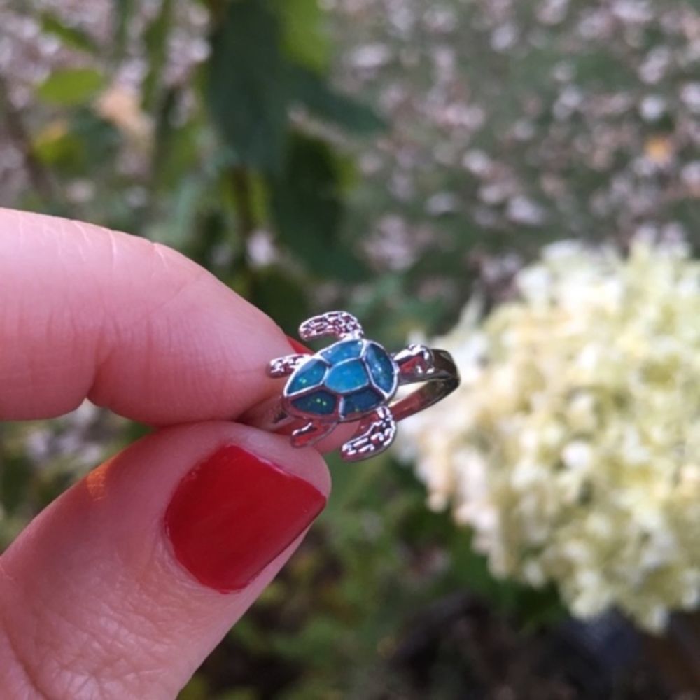 Fire Opal Blue Silver Ring New Turtle - Picture 5 of 5